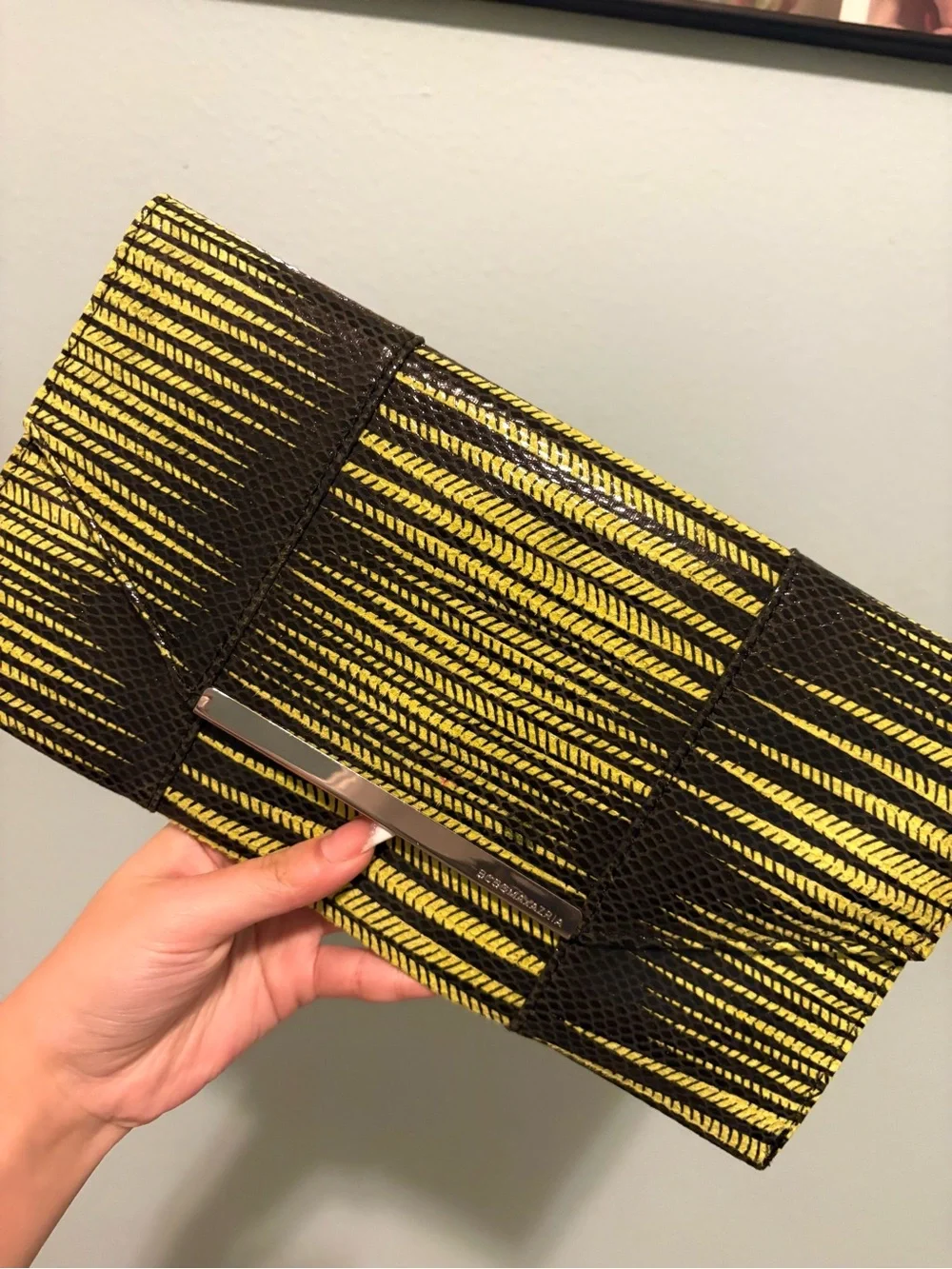 BCBGMAXAZRIA Black Yellow Striped Zip Around Wallet Credit Card Slots Women